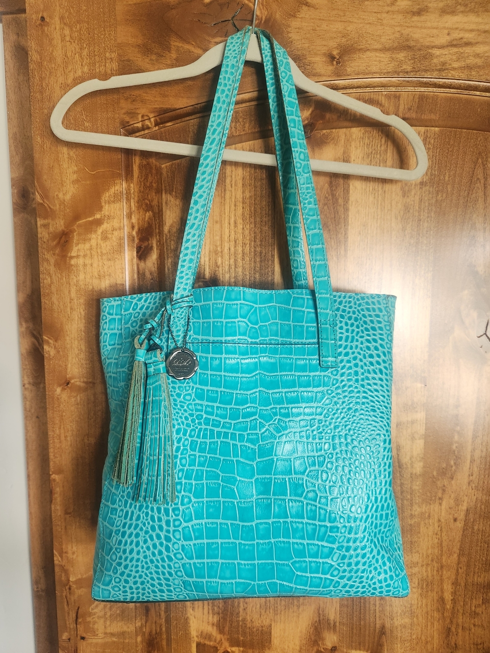 Patricia Nash Turquoise Croc-Embossed Tote with Tassel Charm